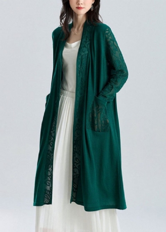 Classy Blackish Green V-hals Patchwork Hollow Out Long Ice Størrelse Strik Cardigan Sum