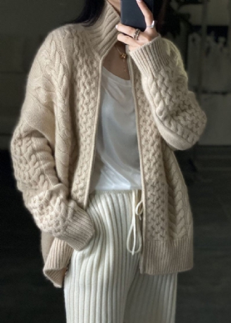 Diy Beige Zip Up Casual Ulden Strikket Toppe Frakke Vinters