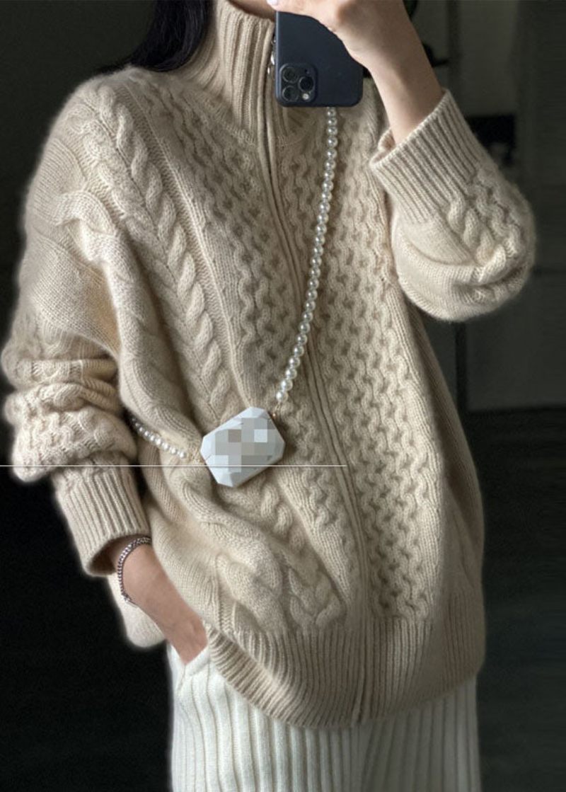 Diy Beige Zip Up Casual Ulden Strikket Toppe Frakke Vinters - Dame cardigans