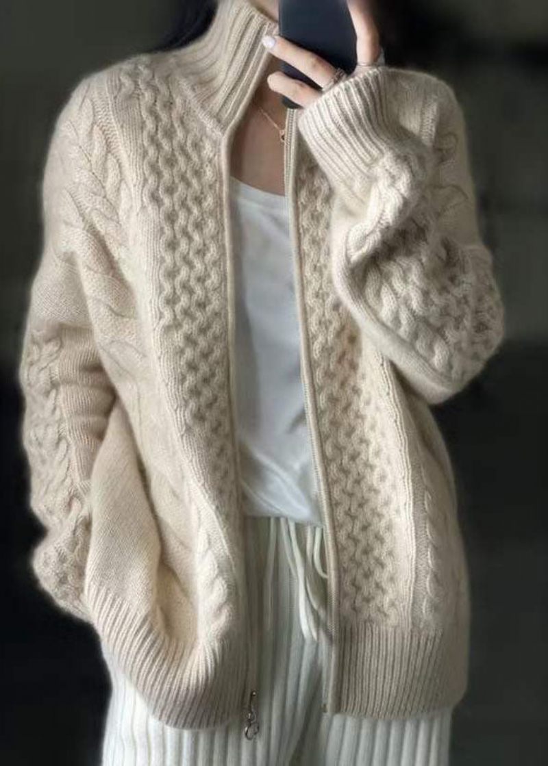 Diy Beige Zip Up Casual Ulden Strikket Toppe Frakke Vinters - Dame cardigans