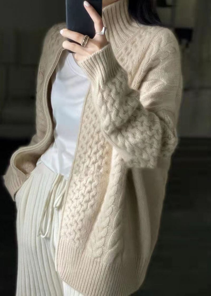 Diy Beige Zip Up Casual Ulden Strikket Toppe Frakke Vinters - Dame cardigans