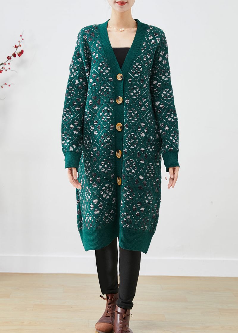 Diy Blackish Green Print Button Warm Strik Loose Coat Fall