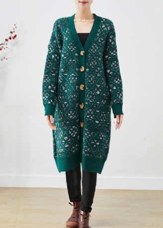 Diy Blackish Green Print Button Warm Strik Loose Coat Fall