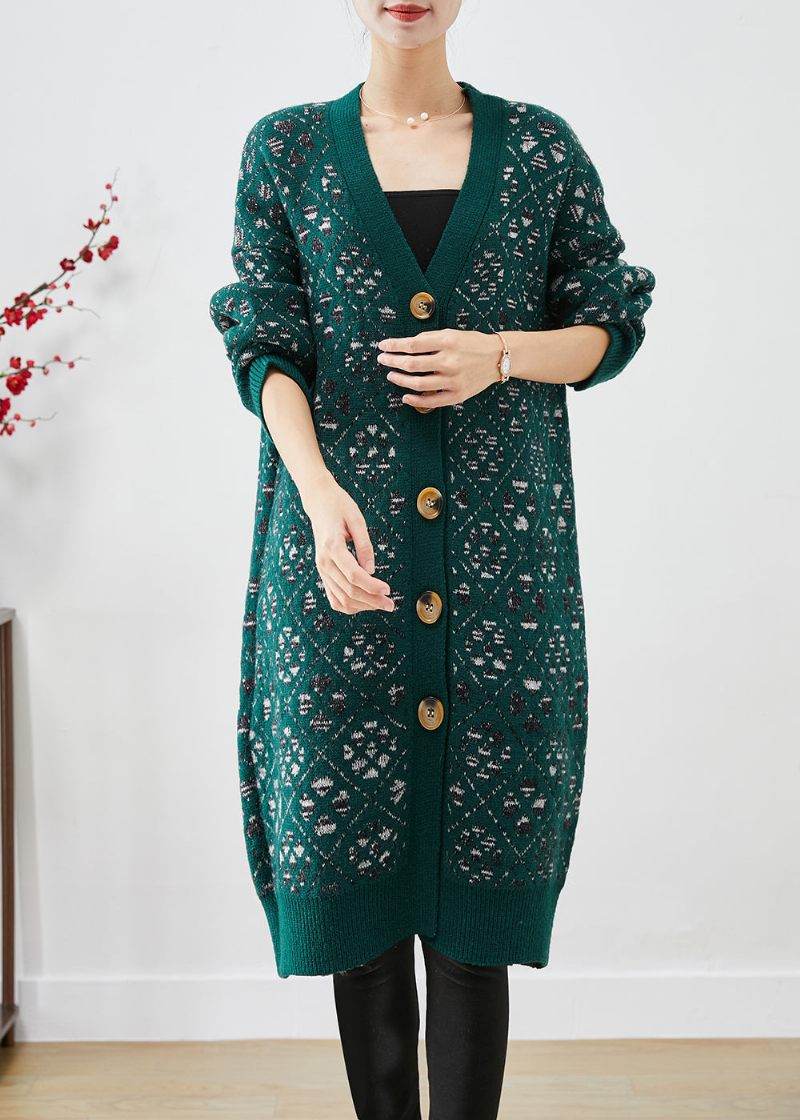 Diy Blackish Green Print Button Warm Strik Loose Coat Fall - Dame cardigans