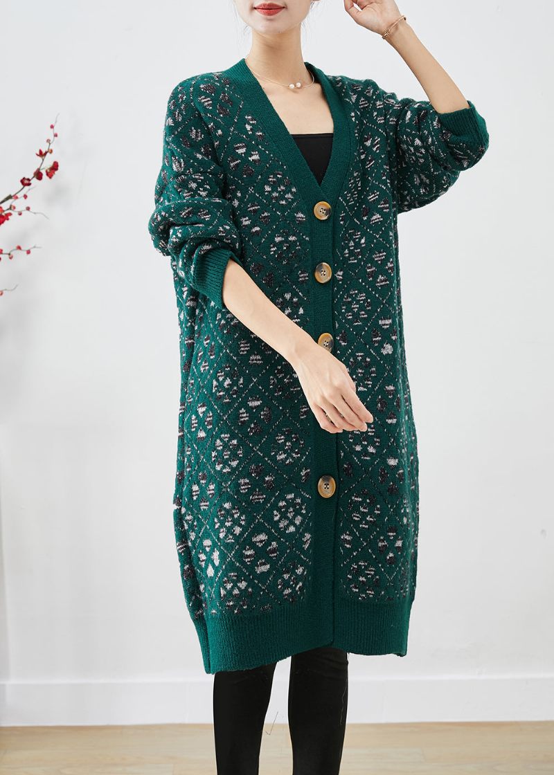 Diy Blackish Green Print Button Warm Strik Loose Coat Fall - Dame cardigans