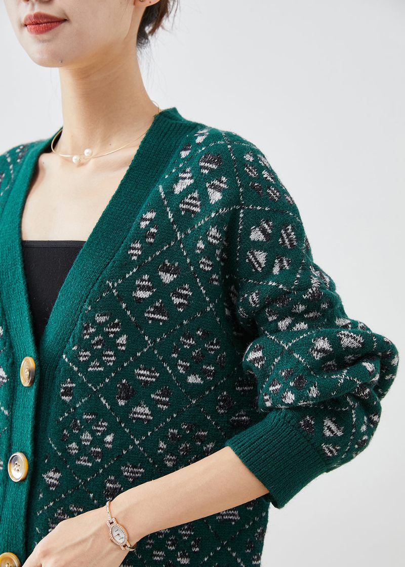 Diy Blackish Green Print Button Warm Strik Loose Coat Fall - Dame cardigans