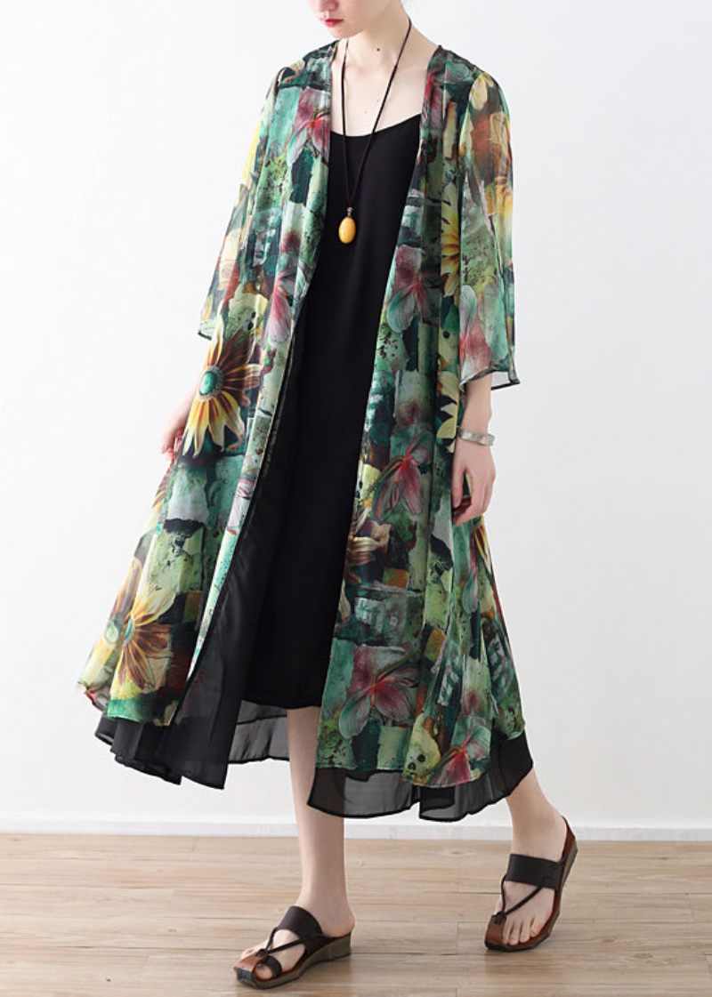 Diy Grønne Prints Chiffon Outwear Dame Shape Cardigan Sommer - Grøn