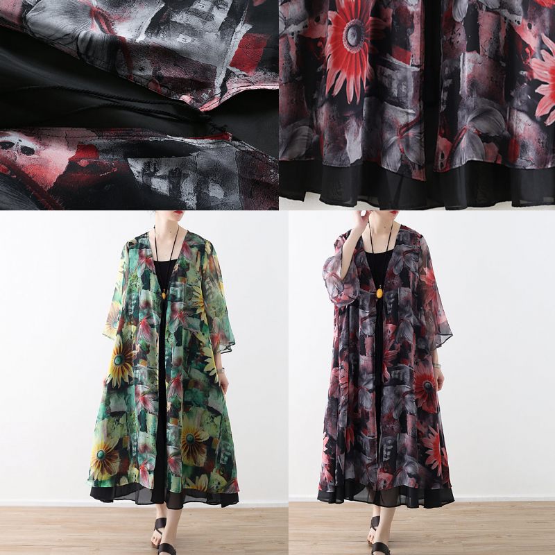 Diy Grønne Prints Chiffon Outwear Dame Shape Cardigan Sommer - Grøn