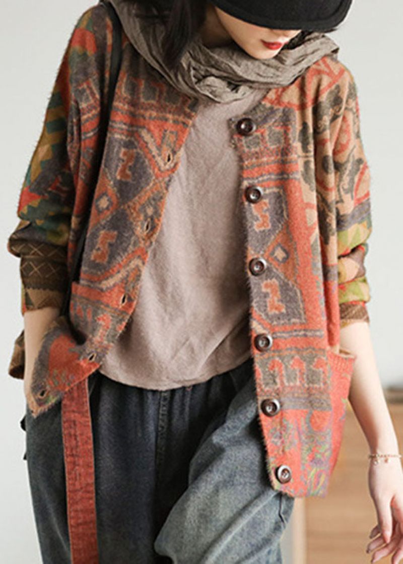 Diy Khaki Loose Knit Print Knaplommer Fall Sweater Cardigans