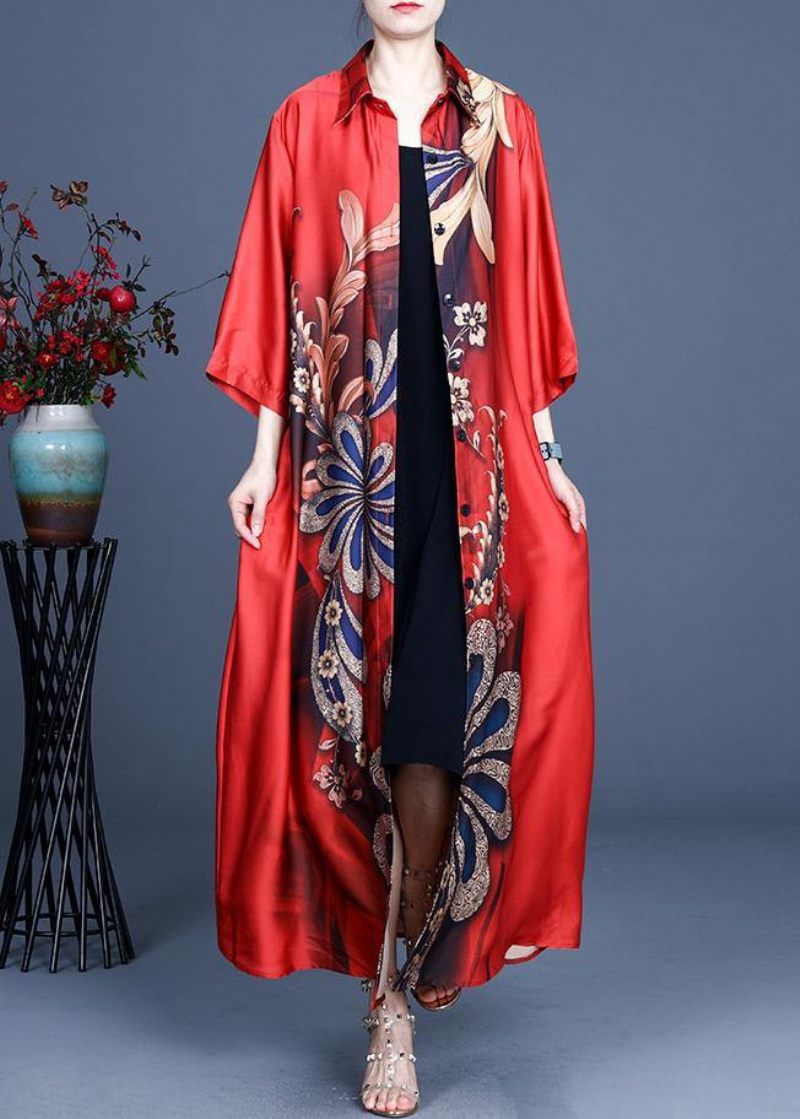 Diy Red Print Spring Loose Coat Lang - Sort