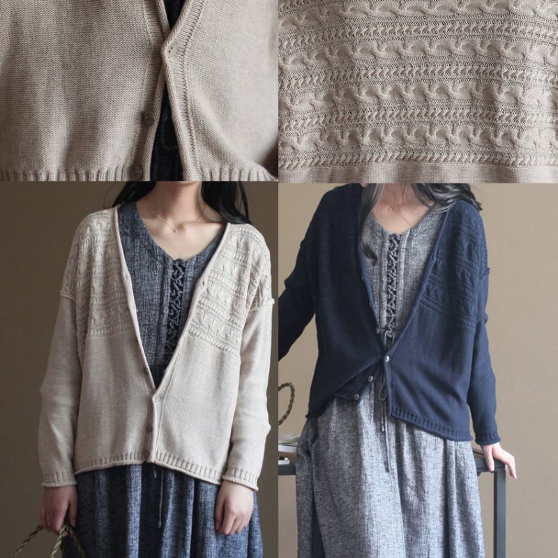 Efterår V-hals Vintage Strik Cardigans I Bomuld Plus Størrelse Casual Marineblå Sweater Toppe - Nøgen