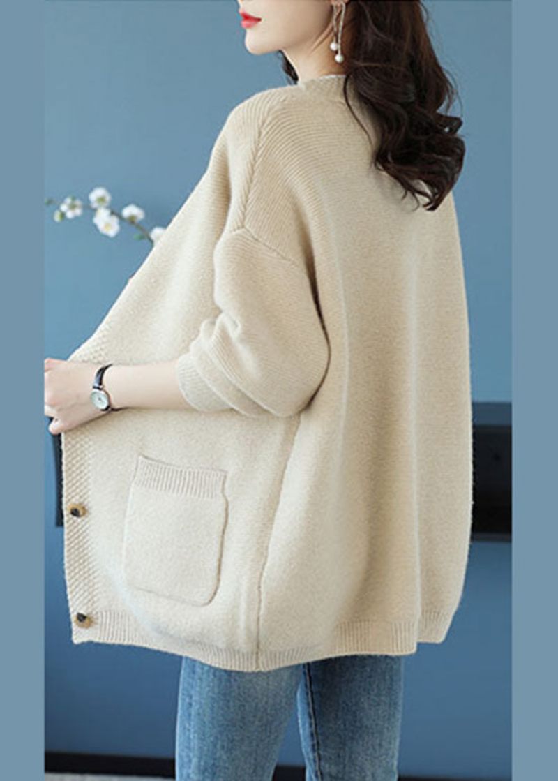 Elegant Beige V-halslommer Patchwork Cashmere Løs Frakke Efterår - Dame cardigans