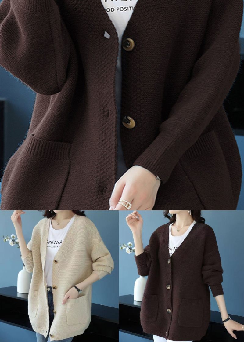 Elegant Beige V-halslommer Patchwork Cashmere Løs Frakke Efterår - Dame cardigans