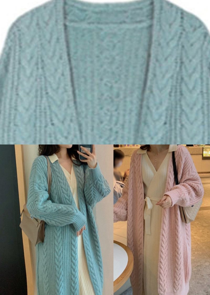 Elegant Blå V-hals Hyggelig Lang Strik Cardigan Forår - Blå