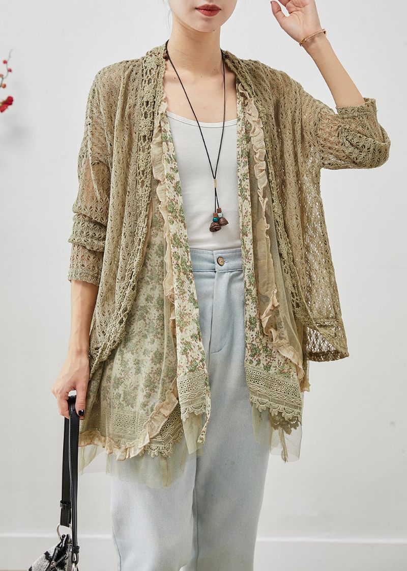 Elegant Grøn Flæsede Patchwork Hul Ud Blonde Cardigans Efterår