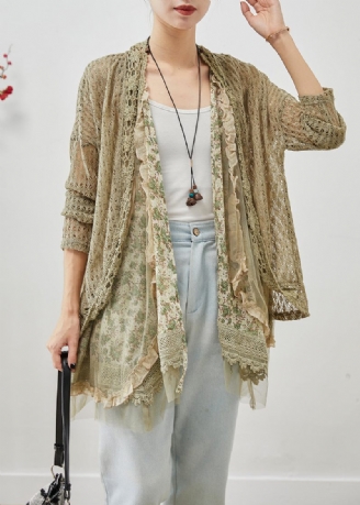 Elegant Grøn Flæsede Patchwork Hul Ud Blonde Cardigans Efterår