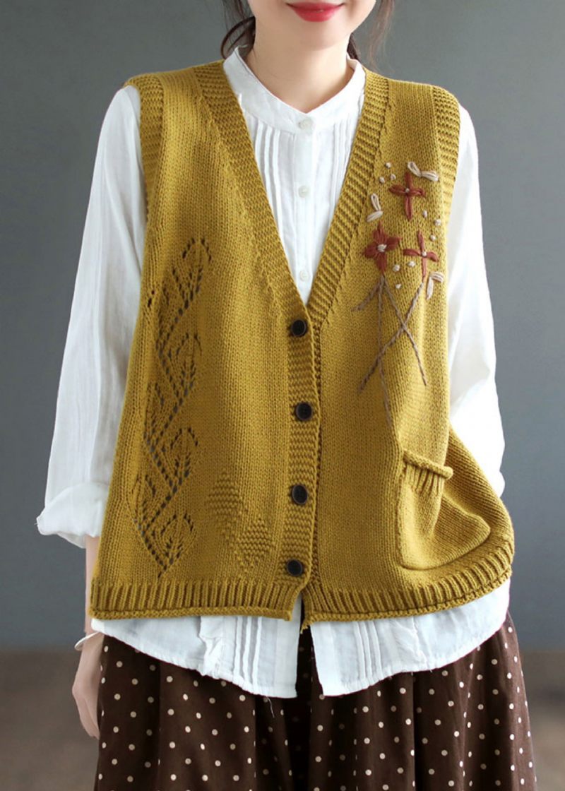 Elegant Gul V-hals Knap Patchwork Bomuld Strik Vest Ærmeløs