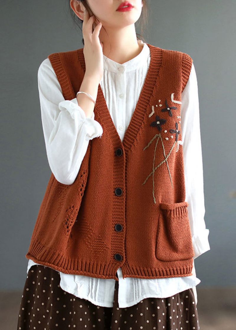 Elegant Gul V-hals Knap Patchwork Bomuld Strik Vest Ærmeløs - Dame cardigans