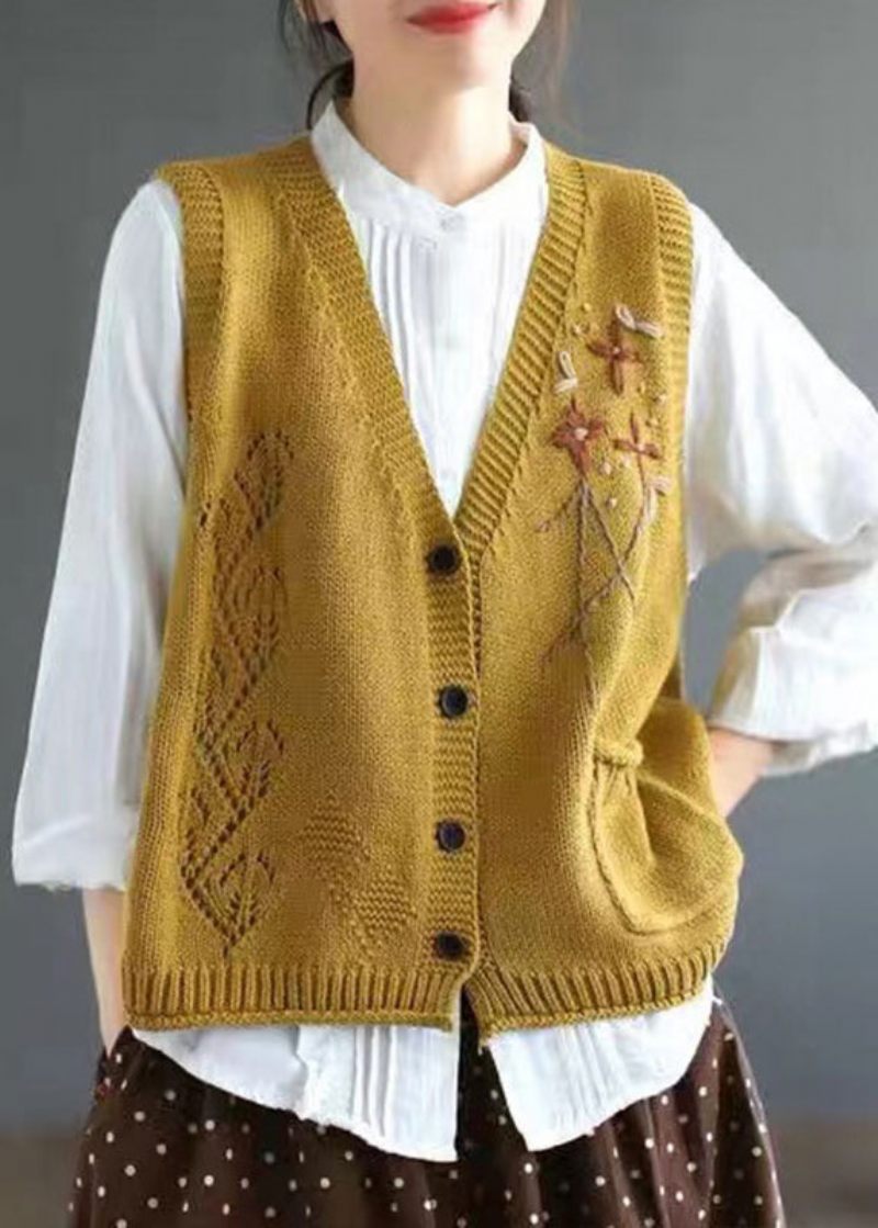 Elegant Gul V-hals Knap Patchwork Bomuld Strik Vest Ærmeløs - Dame cardigans