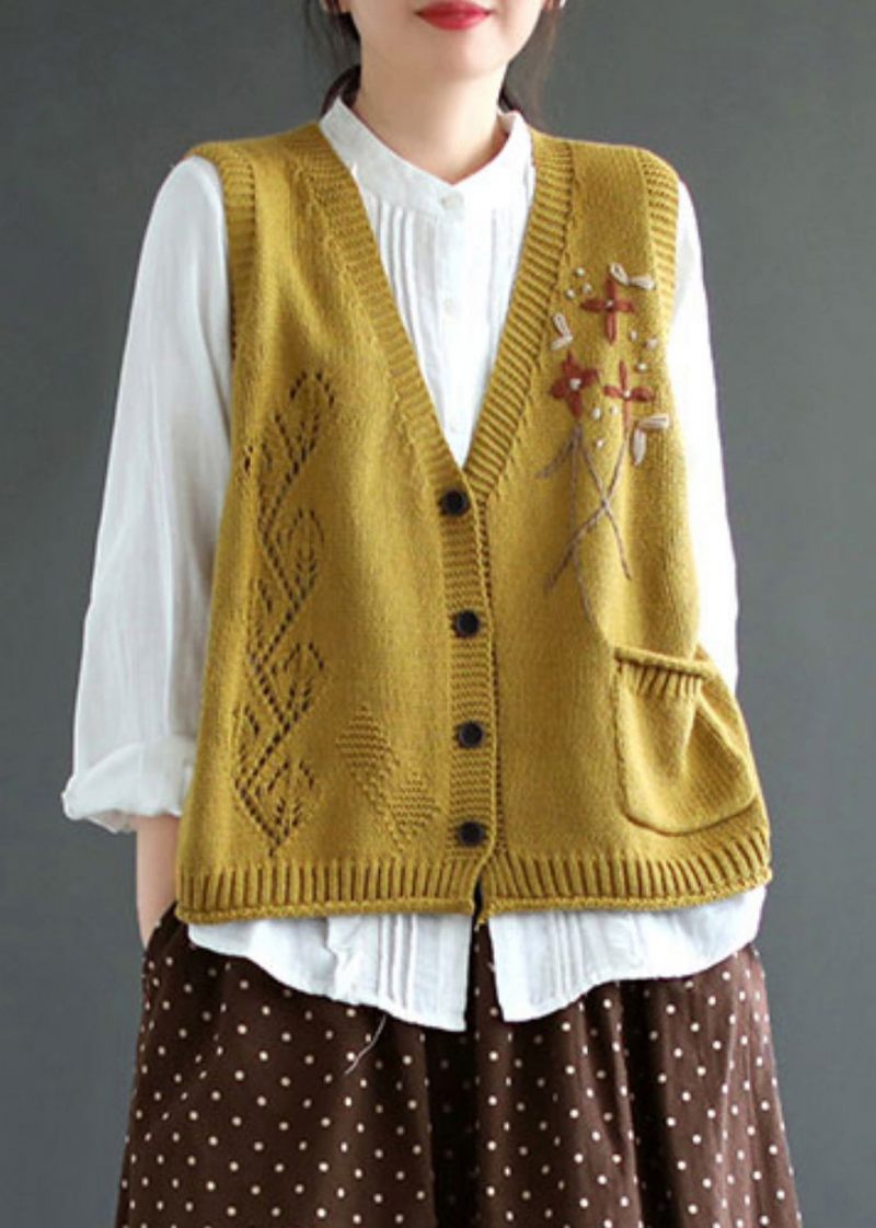 Elegant Gul V-hals Knap Patchwork Bomuld Strik Vest Ærmeløs - Dame cardigans