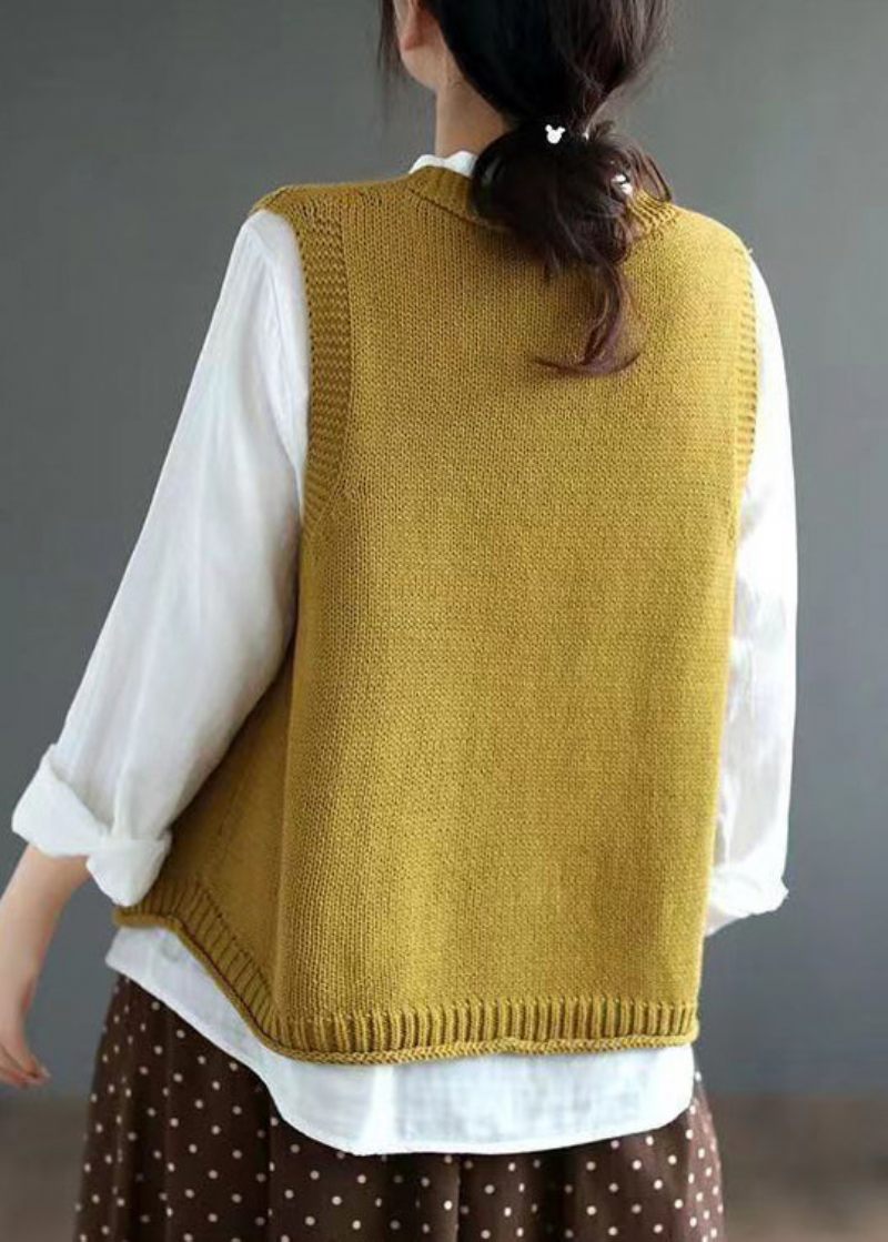 Elegant Gul V-hals Knap Patchwork Bomuld Strik Vest Ærmeløs - Dame cardigans