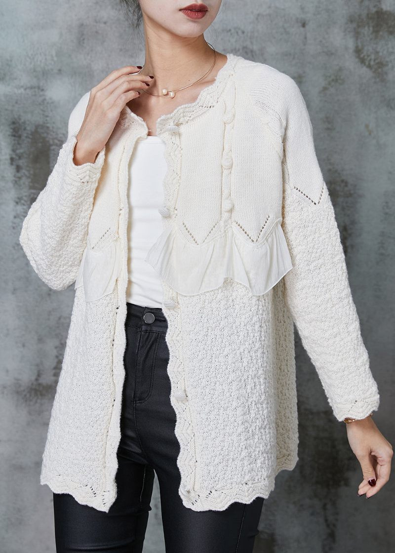 Elegant Hvid Flæser Patchwork Strik Frakke Outwear Spring - Dame cardigans