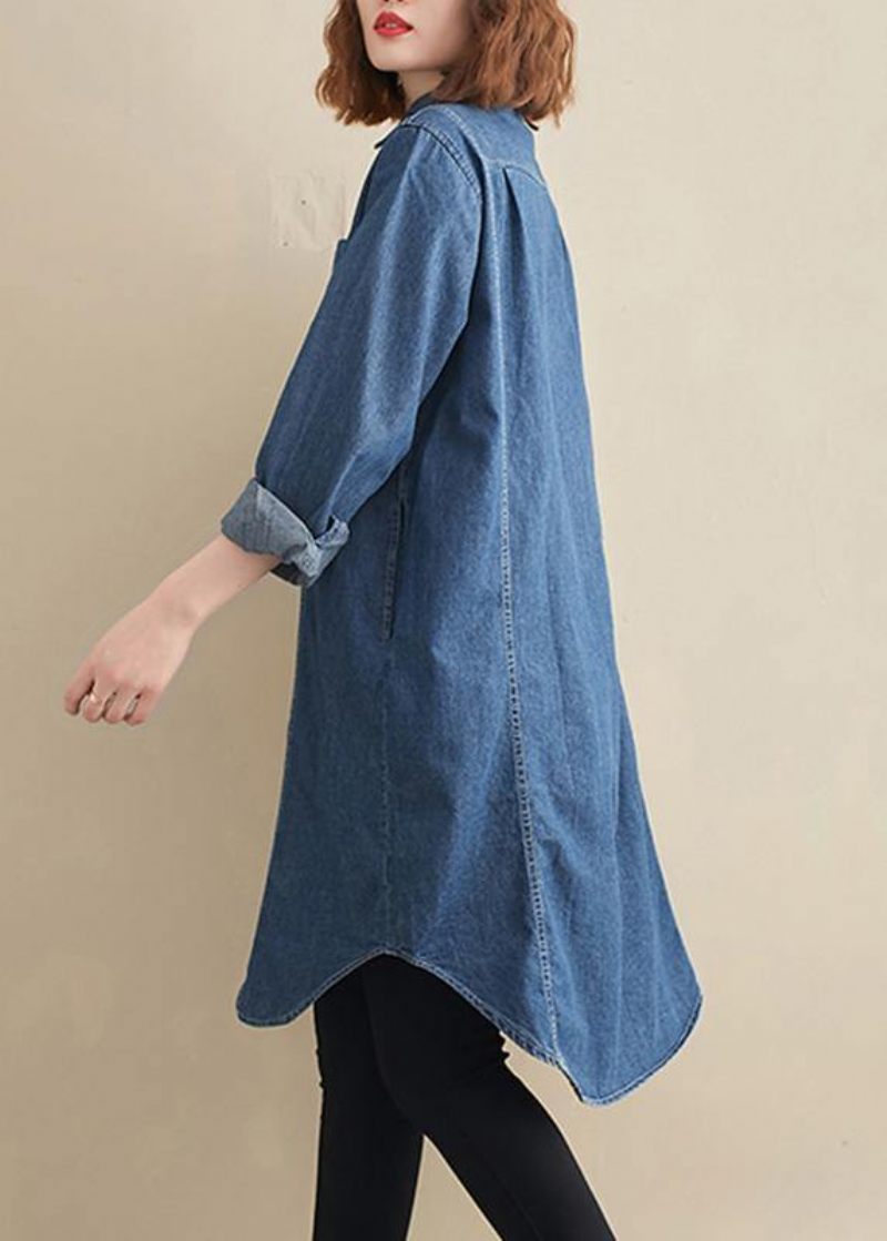 Elegant Lapel Patchwork Top Mønster Denim Blå Top - Dame cardigans