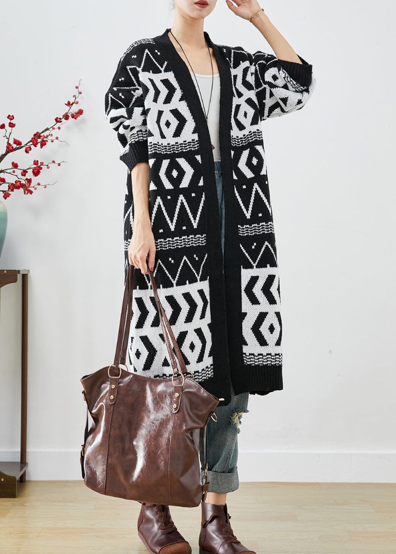 Elegant Sort Oversized Print Strikket Lange Cardigans Efterår