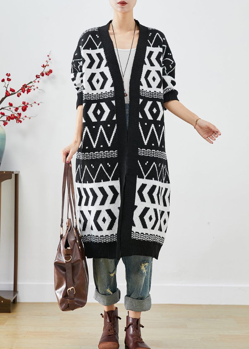 Elegant Sort Oversized Print Strikket Lange Cardigans Efterår - Dame cardigans