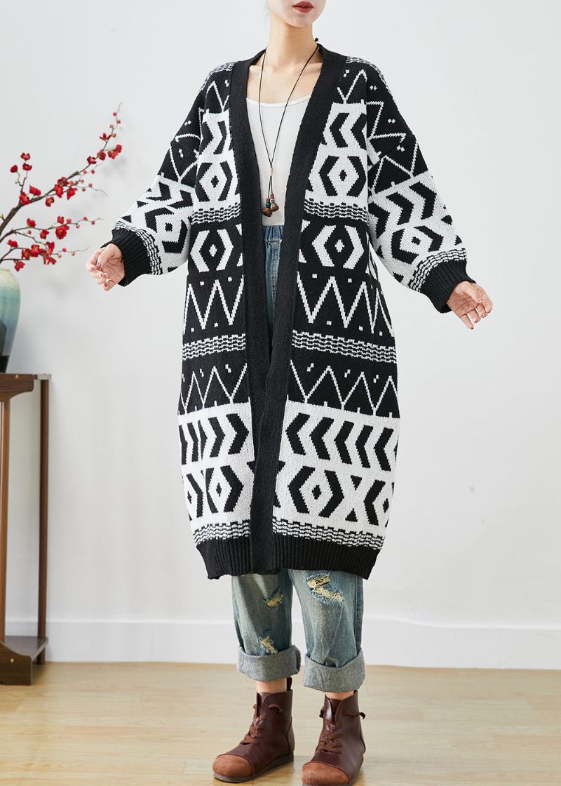 Elegant Sort Oversized Print Strikket Lange Cardigans Efterår - Dame cardigans