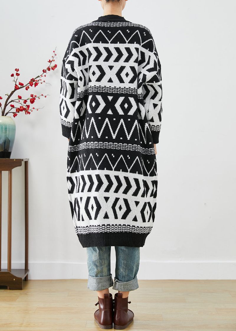 Elegant Sort Oversized Print Strikket Lange Cardigans Efterår - Dame cardigans