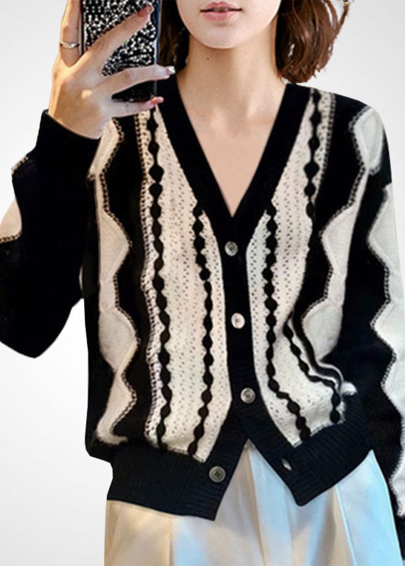 Fashion Colorblock V-hals Patchwork Uld Strik Cardigan Vinter