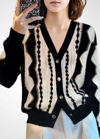 Fashion Colorblock V-hals Patchwork Uld Strik Cardigan Vinter