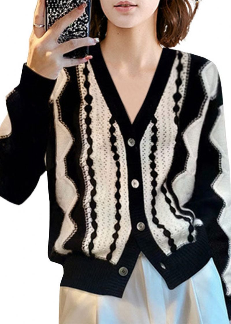 Fashion Colorblock V-hals Patchwork Uld Strik Cardigan Vinter - Dame cardigans