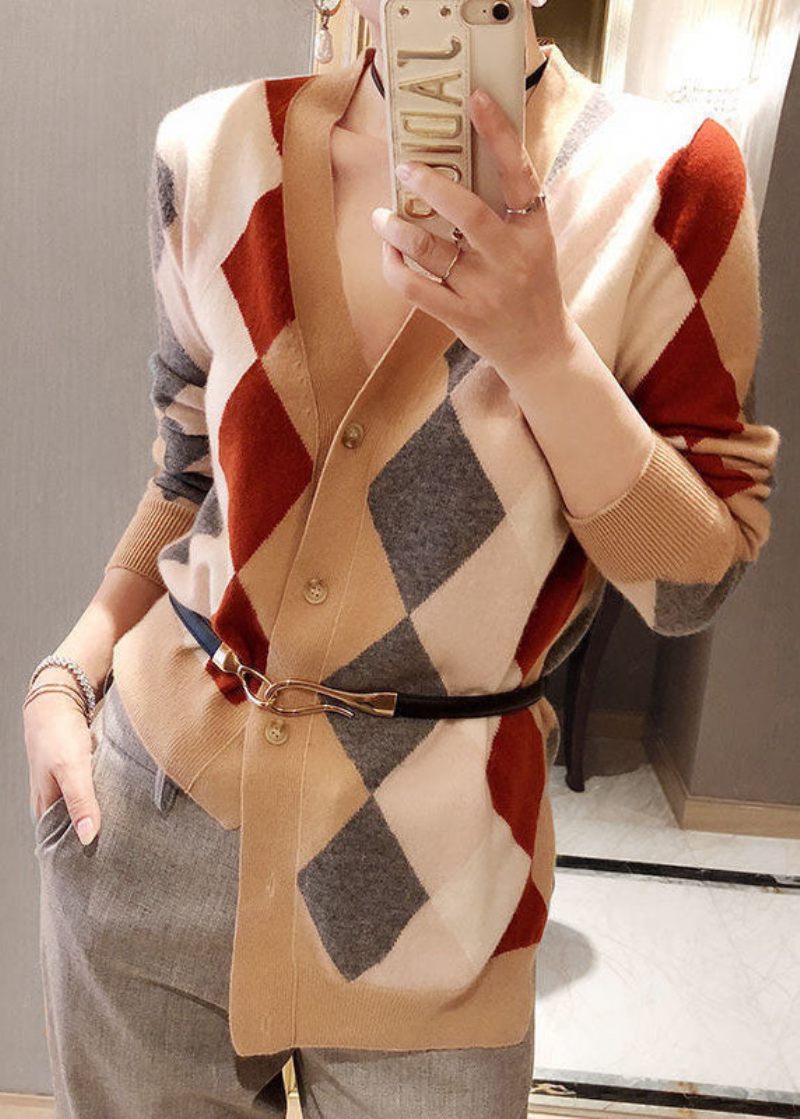 Fashion Khaki V-hals Asymmetrisk Plaid Strik Cardigan Vinter