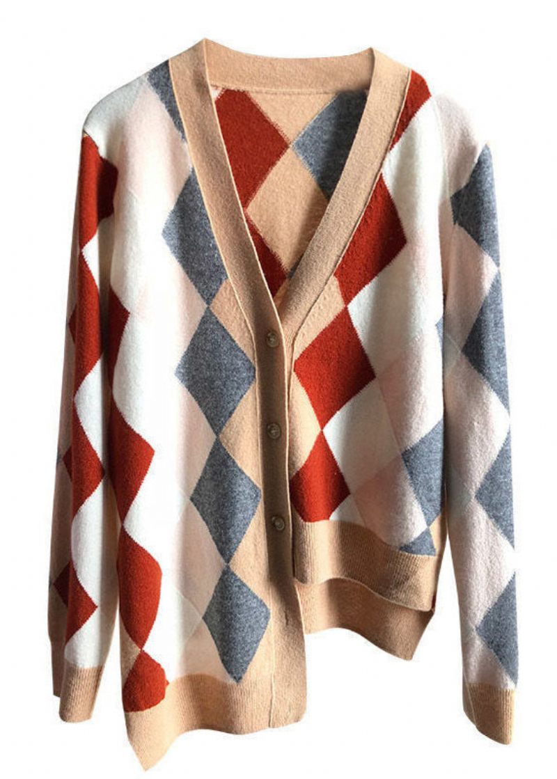 Fashion Khaki V-hals Asymmetrisk Plaid Strik Cardigan Vinter - Dame cardigans