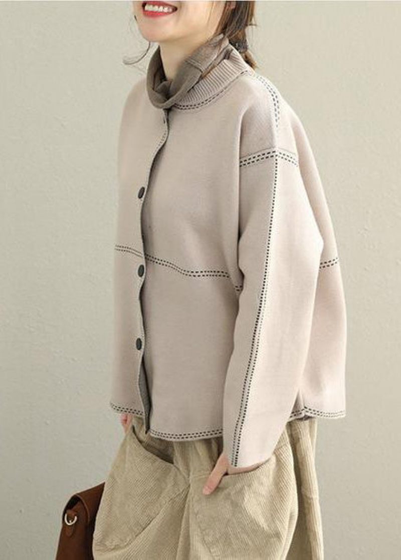 Fin Løs Button Down Sweater Frakke Kvinder Casual Toppe - Beige