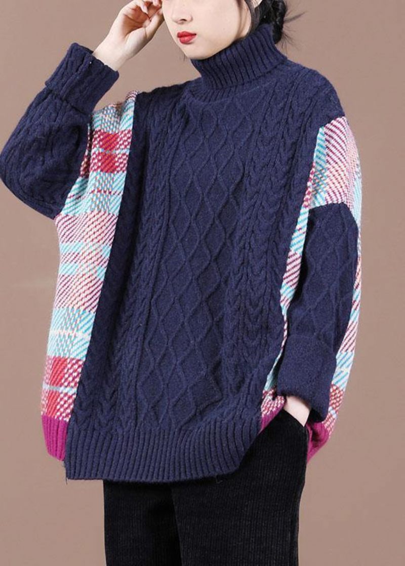 Fin Navy Patchwork Højhalset Efterårsstrikket Sweater