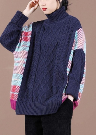 Fin Navy Patchwork Højhalset Efterårsstrikket Sweater