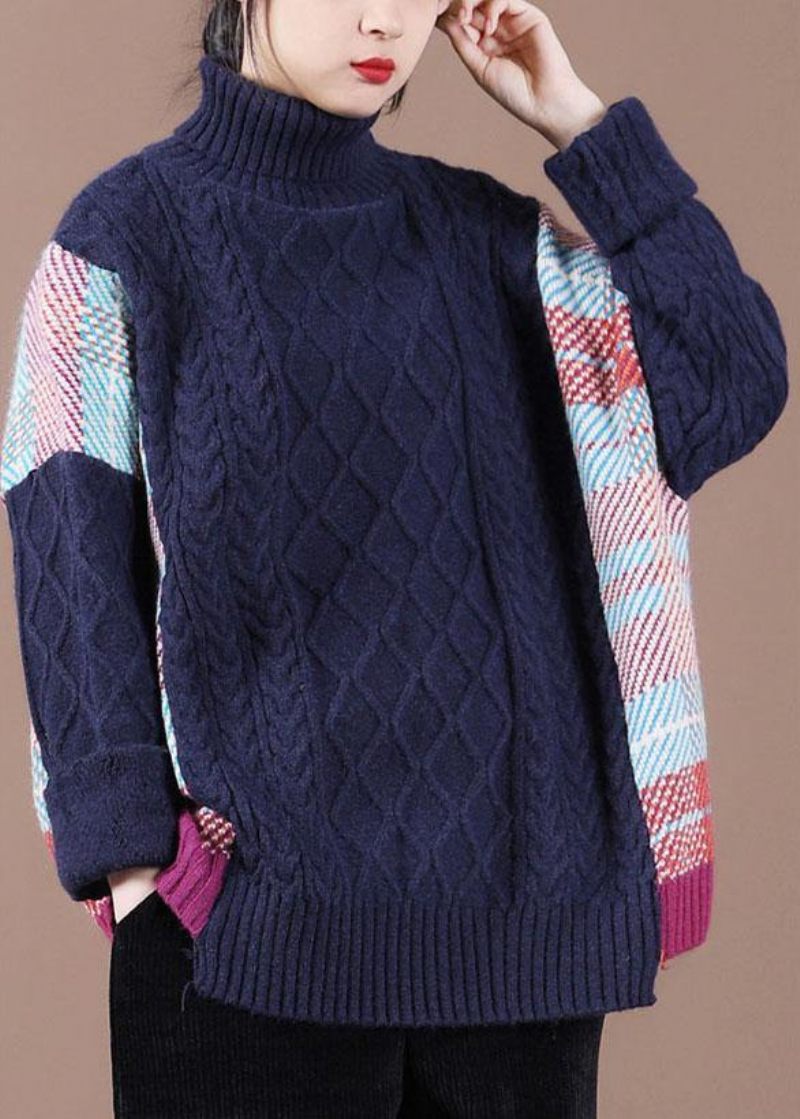 Fin Navy Patchwork Højhalset Efterårsstrikket Sweater - Sort