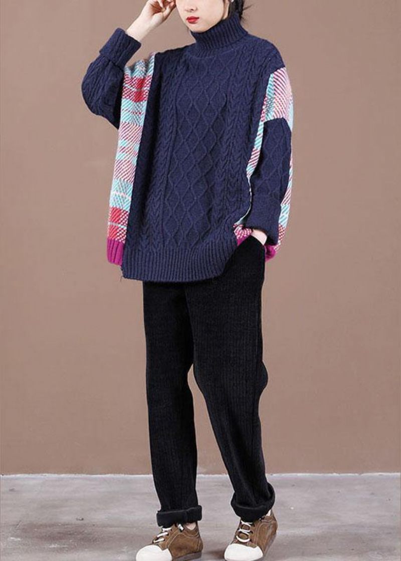 Fin Navy Patchwork Højhalset Efterårsstrikket Sweater - Sort