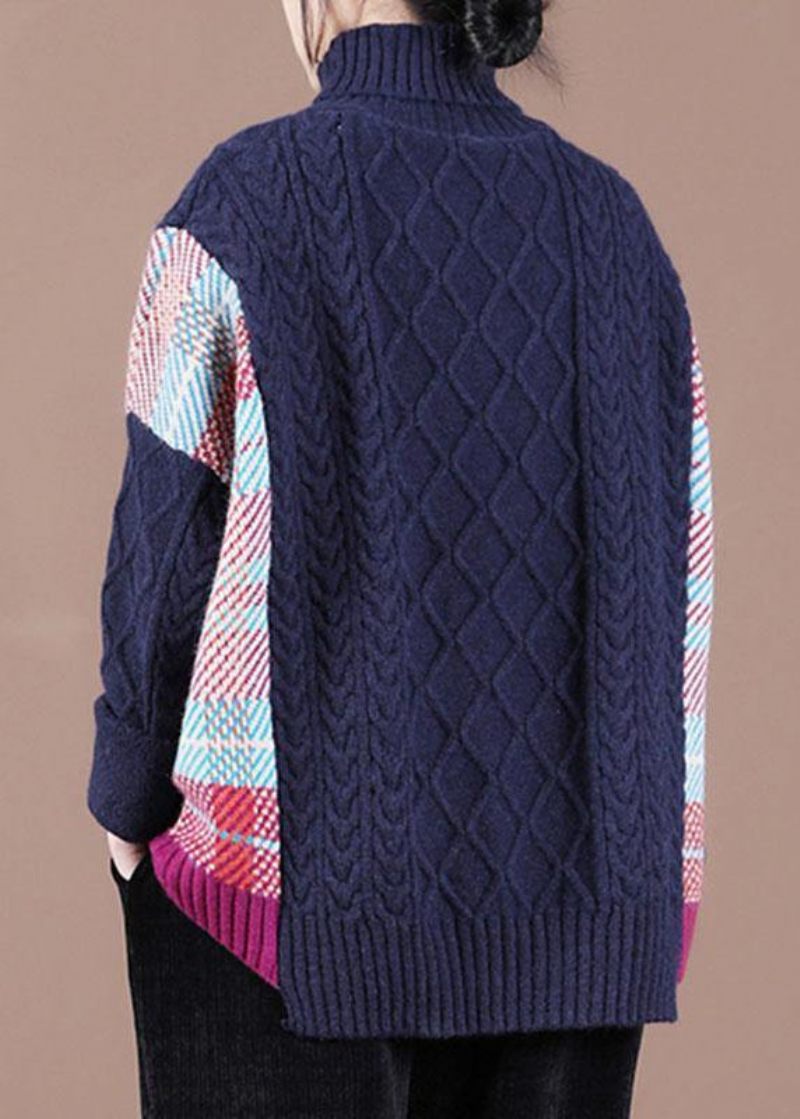 Fin Navy Patchwork Højhalset Efterårsstrikket Sweater - Sort