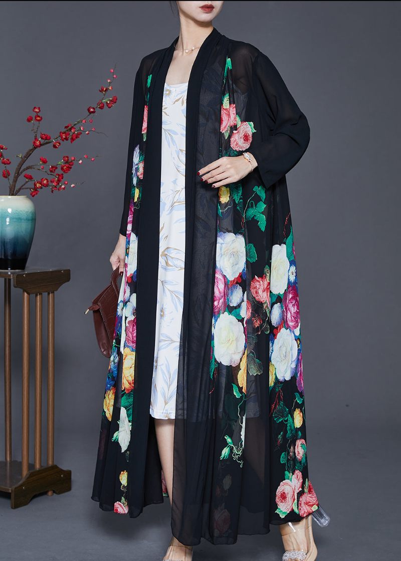 Fin Sort Oversize Print Chiffon Upf 50+ Frakke Cardigan Fjeder