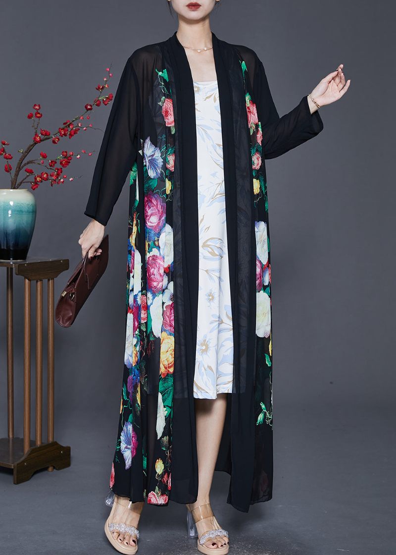 Fin Sort Oversize Print Chiffon Upf 50+ Frakke Cardigan Fjeder - Dame cardigans