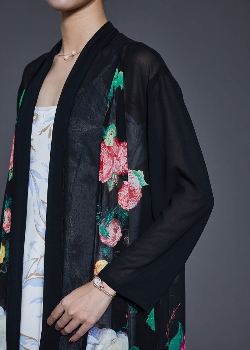 Fin Sort Oversize Print Chiffon Upf 50+ Frakke Cardigan Fjeder - Dame cardigans