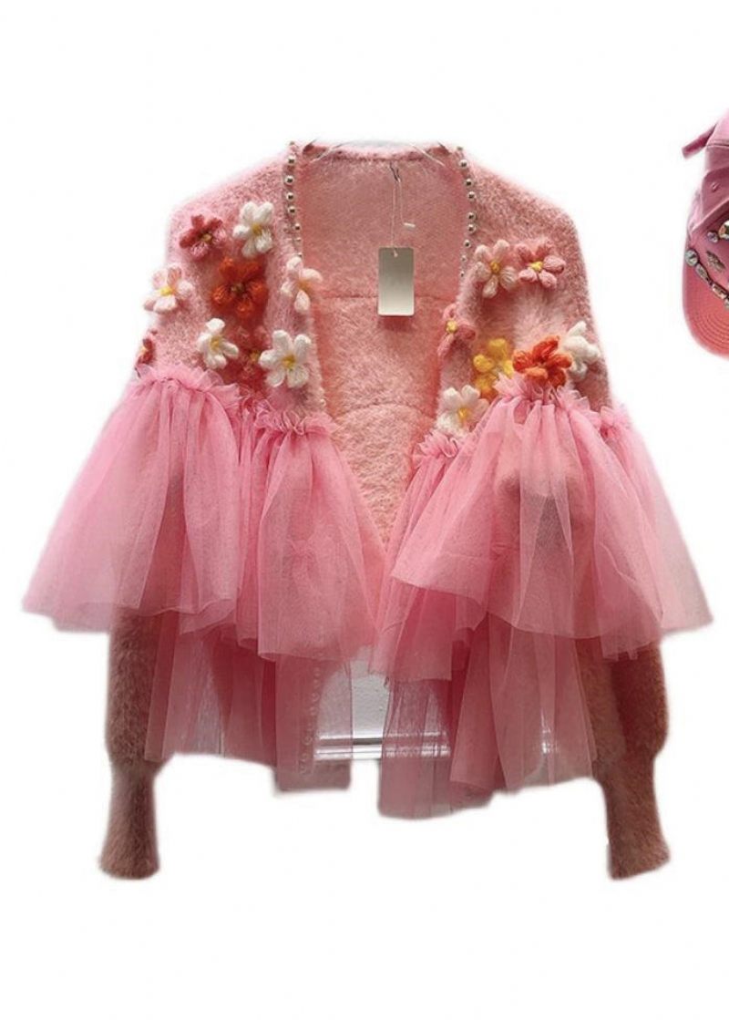 Floral Pink Nail Bead Tulle Patchwork Strik Cardigans Spring - Dame cardigans