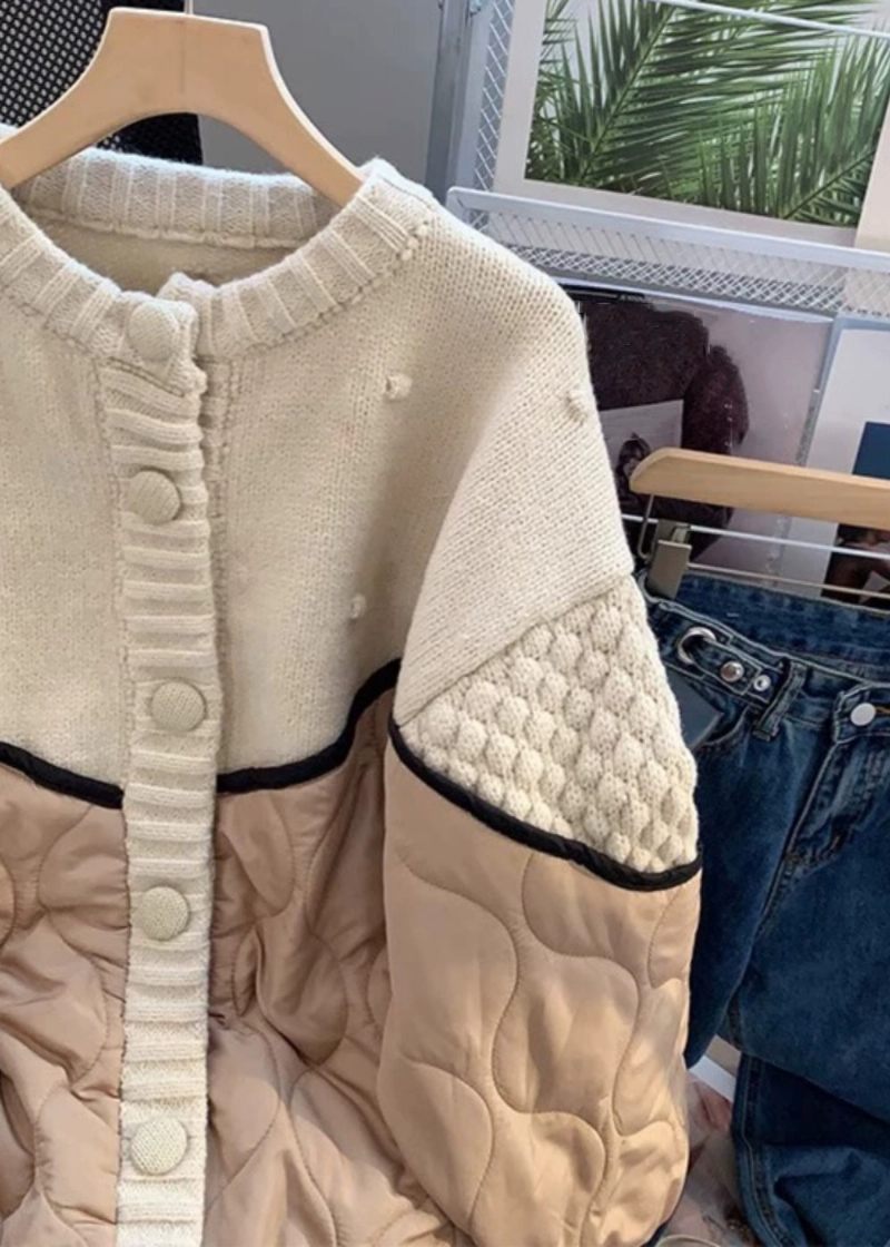 Fransk Beige Knap Patchwork Tyk Strikket Bomuldsfrakke Langærmet - Dame cardigans