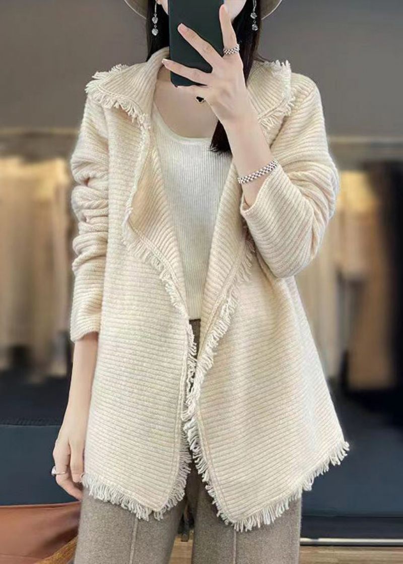 Fransk Beige Kvast Patchwork Hyggelig Uld Cardigan Efterår - Dame cardigans