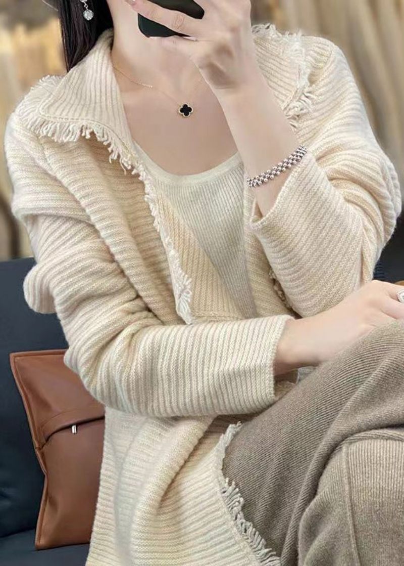 Fransk Beige Kvast Patchwork Hyggelig Uld Cardigan Efterår - Dame cardigans