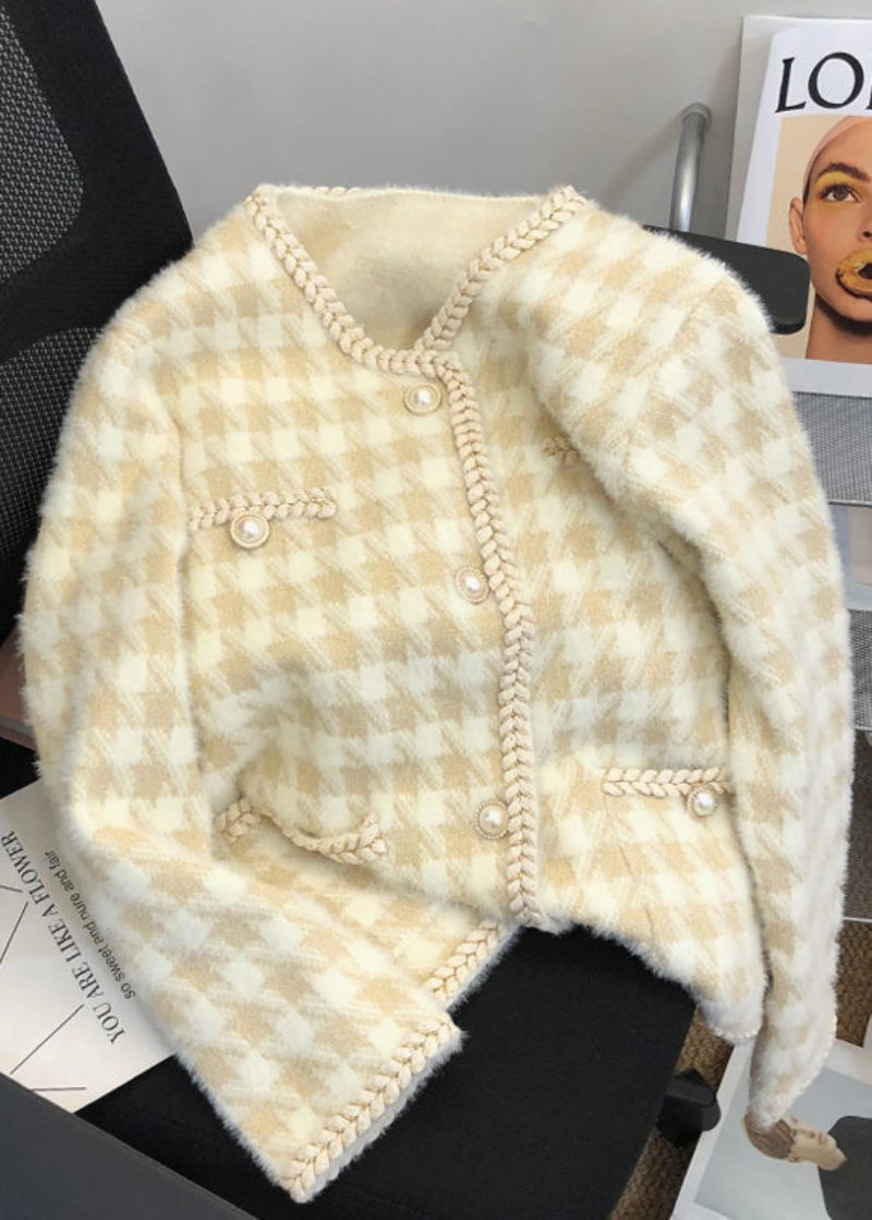 Fransk Beige Plaid Knap Lommer Mink Hår Strikket Frakke Fall